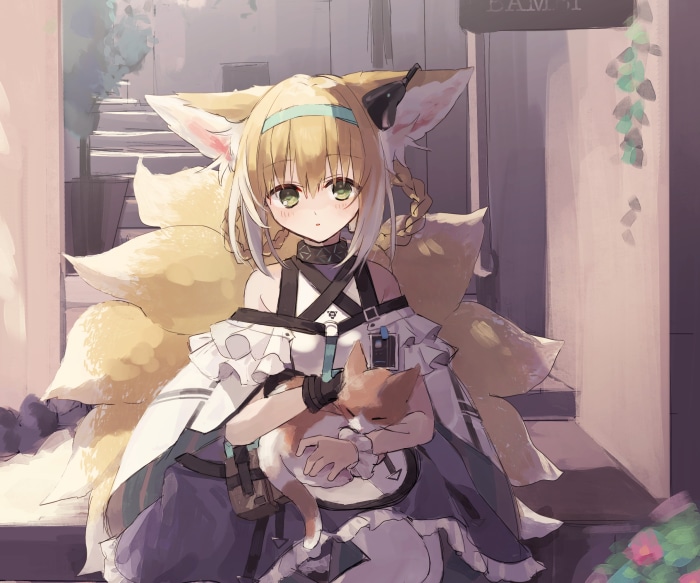 Suzuran from Arknights holding a cat