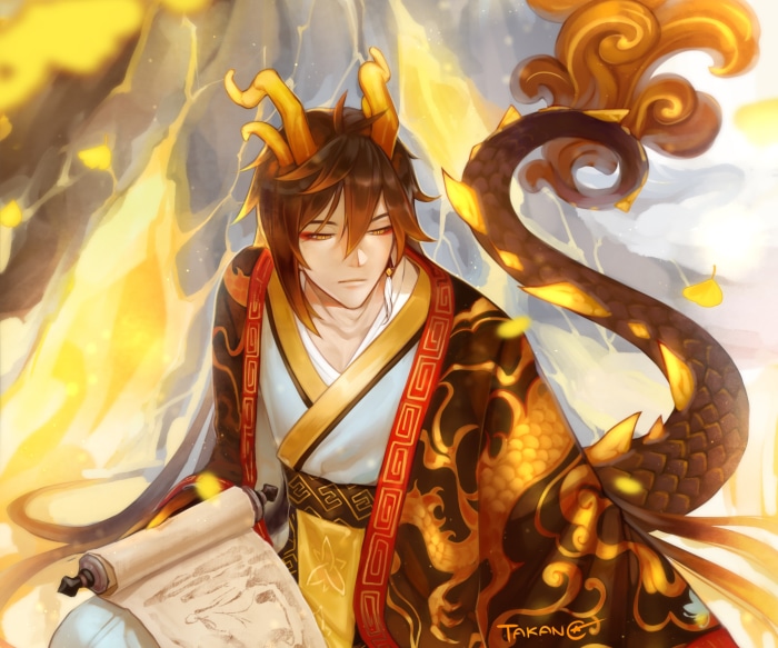 Zhongli from Genshin Impact with dragon-like features