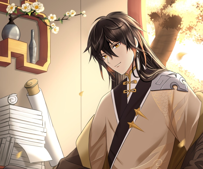 Zhongli from Genshin Impact in traditional attire