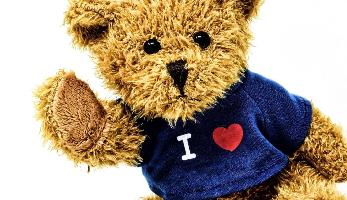 Teddy bear wearing a blue shirt with "I love" heart graphic