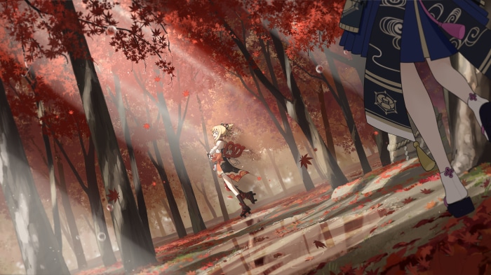 Yoimiya and Kamisato Ayaka from Genshin Impact in autumn forest 4K