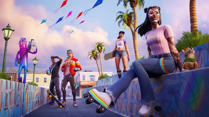 Fortnite characters with skateboards and kites