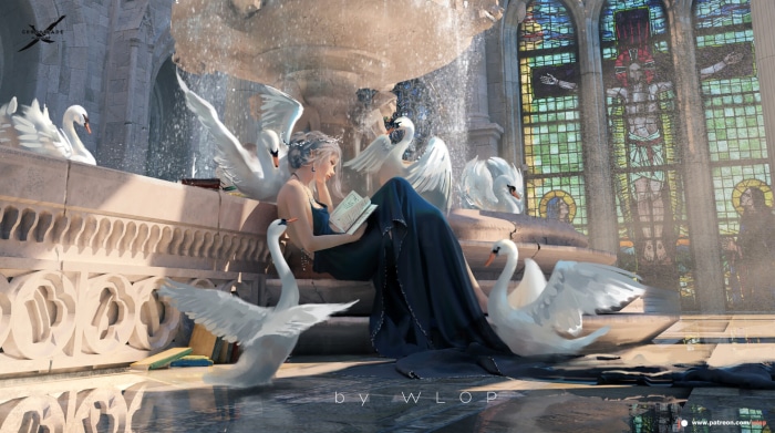 Woman in black dress reading with swans by WLOP