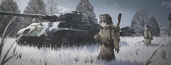Anime girl in military uniform with tank in snowy landscape
