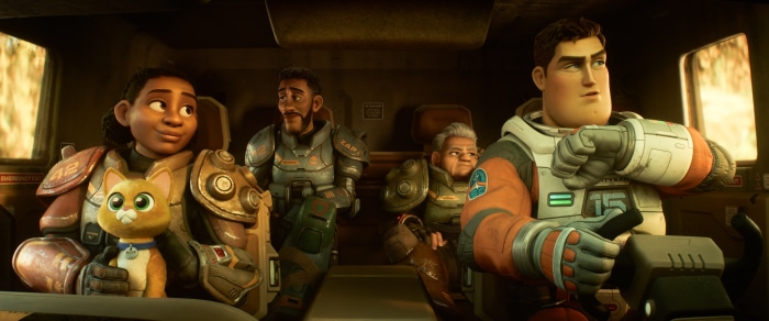 Buzz Lightyear and crew in a vehicle