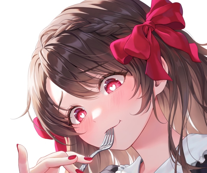Anime girl with red bow eating with fork