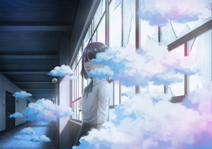 Girl in school uniform surrounded by clouds
