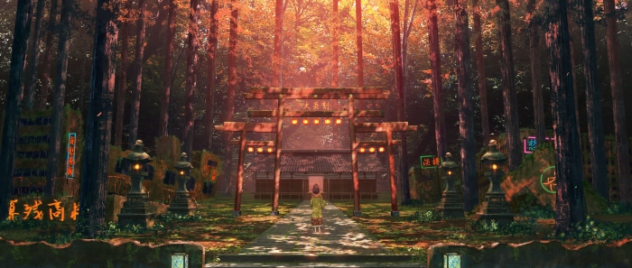 Girl in front of a Japanese shrine in a forest
