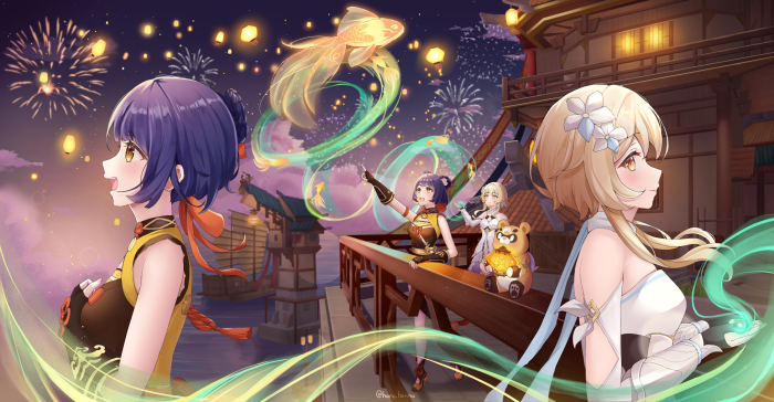 Xiangling and Lumine from Genshin Impact at Lantern Rite