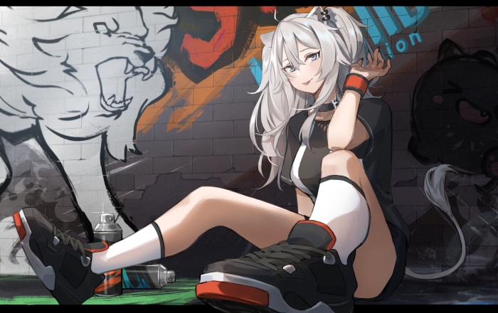 Shishiro Botan from Hololive sitting by graffiti