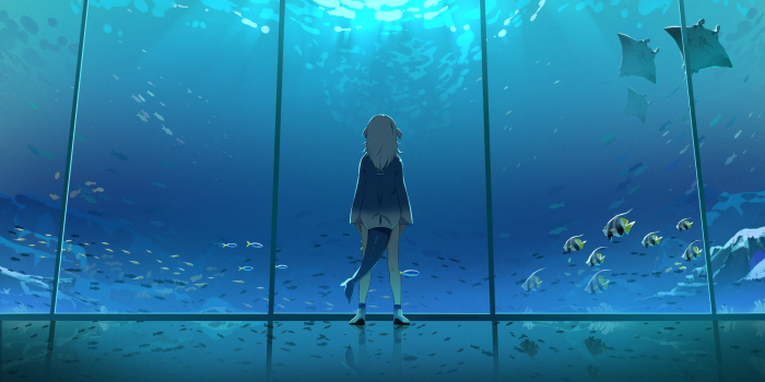 Gawr Gura from Hololive in an aquarium