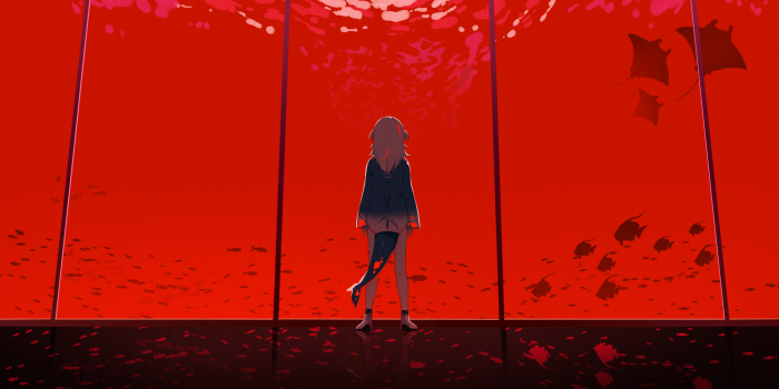 Gawr Gura from Hololive in a red underwater scene