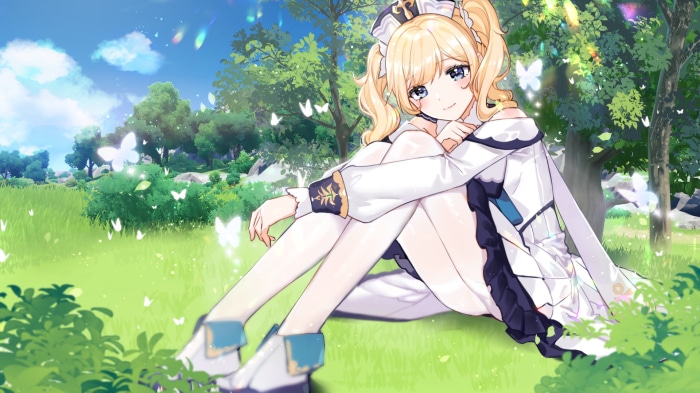 Barbara from Genshin Impact sitting in a field