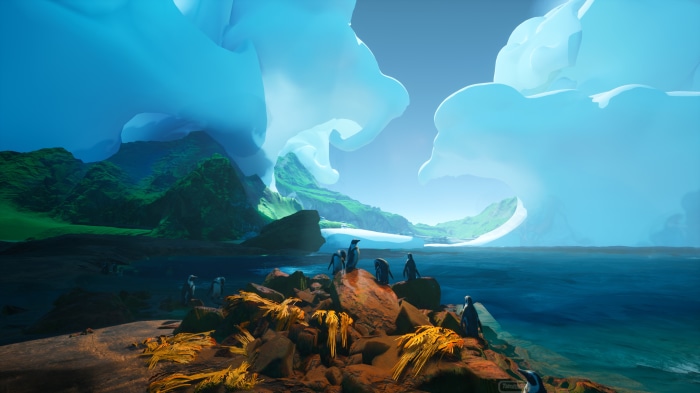Penguins on a rocky shore with abstract clouds