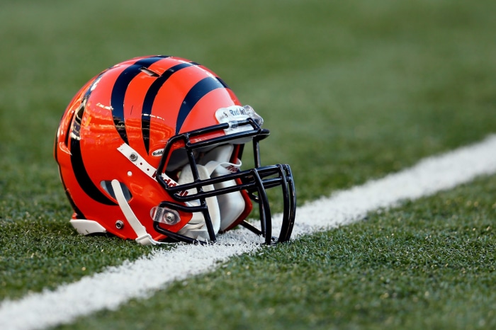 Cincinnati Bengals helmet on a football field