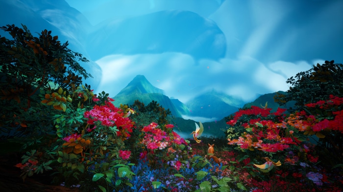 Fantasy landscape with flowers and birds
