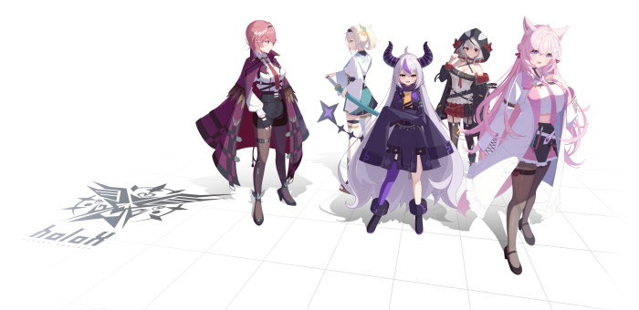 Hololive members Kazama Iroha, Sakamata Chloe, Hakui Koyori, Takane Lui, and La+ Darknesss