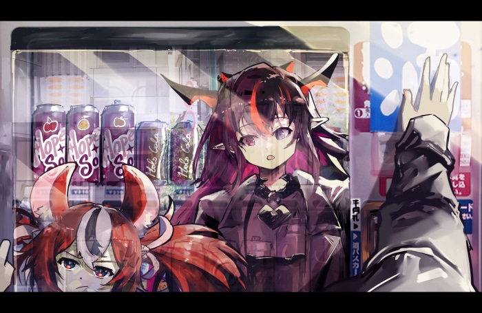 Hakos Baelz and IRyS from Hololive at a vending machine