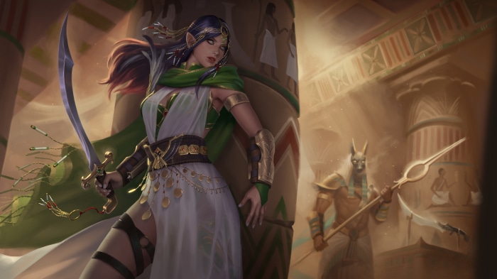 Elf warrior with sword and Anubis in Egyptian temple