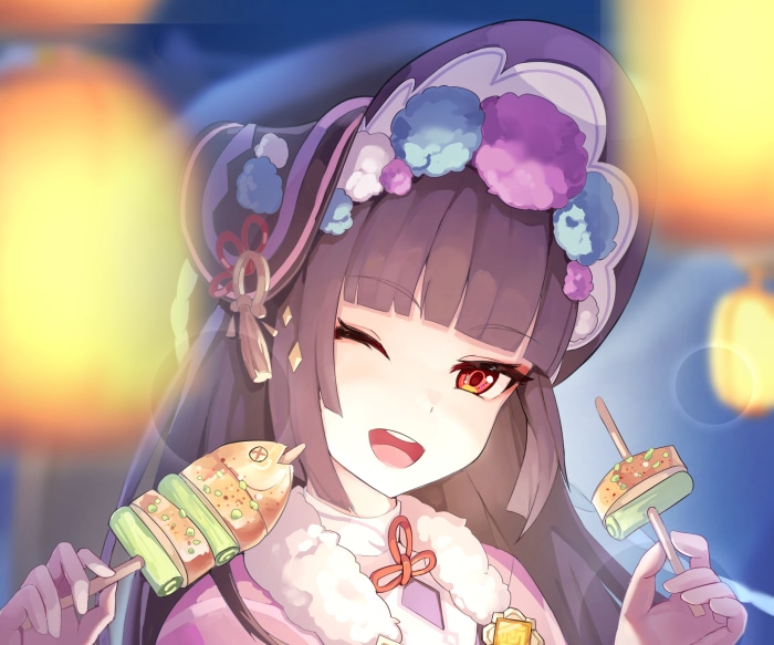 Yun Jin from Genshin Impact holding snacks