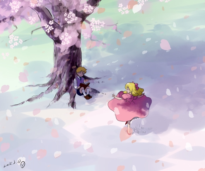Bianca Martini and Alfredo Martini under a cherry blossom tree