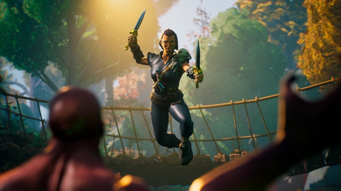 The Waylanders: Female warrior with daggers on bridge
