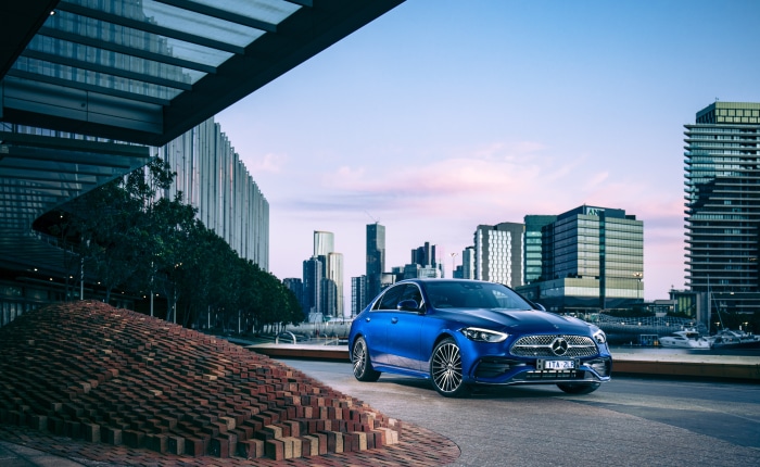 Blue Mercedes-Benz C 300 AMG Line in City