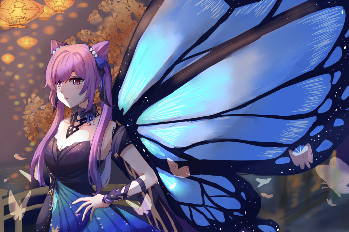 Keqing from Genshin Impact with butterfly wings