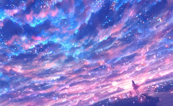 Anime girl and cat in a colorful sky