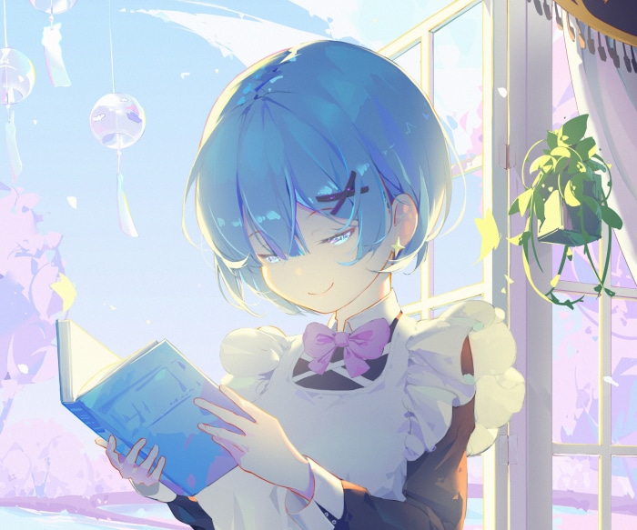Rem from Re:ZERO reading a book by the window