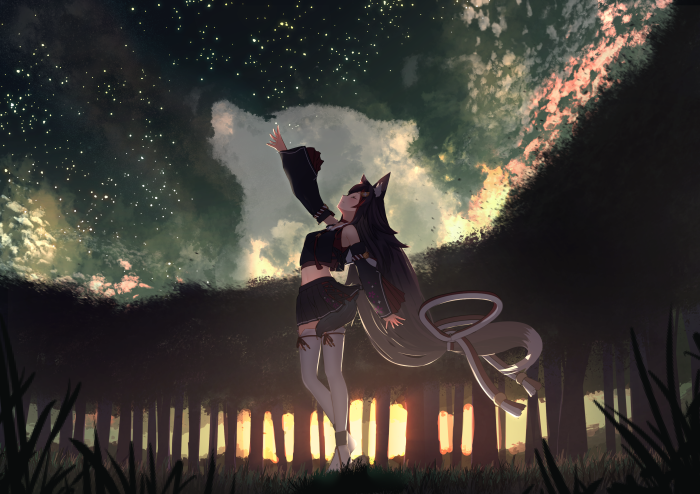 Ookami Mio from Hololive in a starry forest