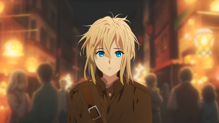 Violet Evergarden in a city at night