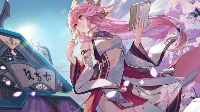 Yae Miko from Genshin Impact eating a snack