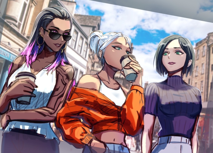 Valorant Characters Viper, Reyna, and Jett artwork