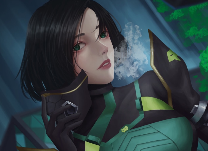 Viper from Valorant exhales smoke