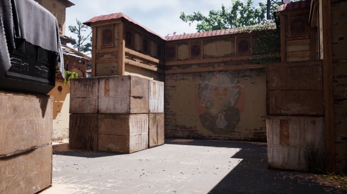 Valorant map with crates and mural