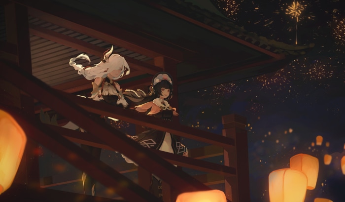 Shenhe and Yun Jin from Genshin Impact watching fireworks