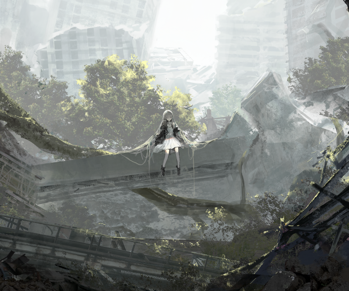 Girl sitting on ruins in a post-apocalyptic city