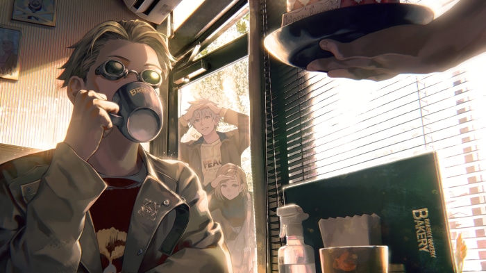 Kento Nanami from Jujutsu Kaisen drinking coffee