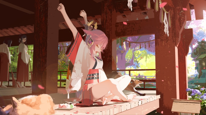 Yae Miko from Genshin Impact stretching