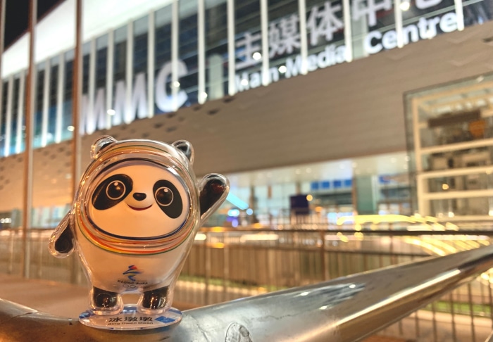 Bing Dwen Dwen mascot in front of Main Media Centre