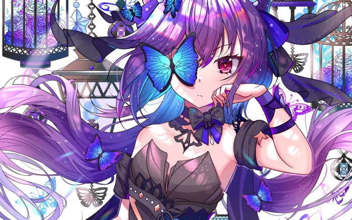 Anime girl with purple hair and butterflies