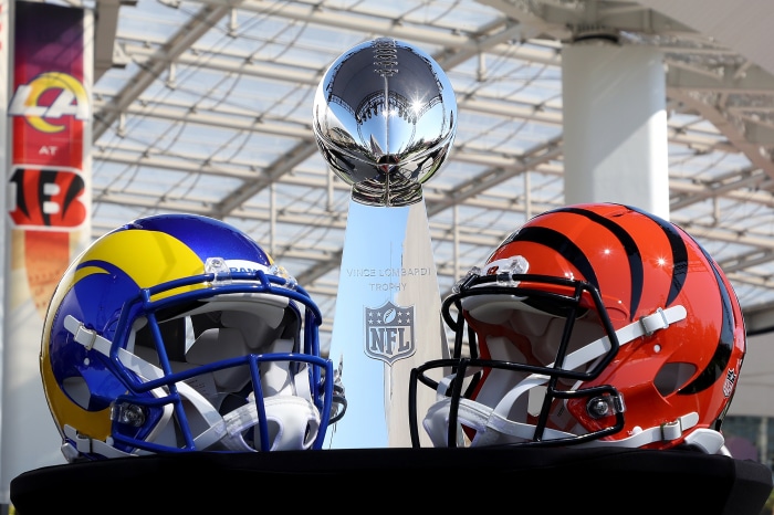 Super Bowl LVI Vince Lombardi Trophy with Rams and Bengals Helmets