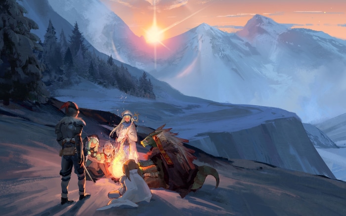 Goblin Slayer and companions by campfire in mountains
