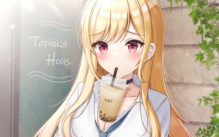 Marin Kitagawa from My Dress-Up Darling drinking boba