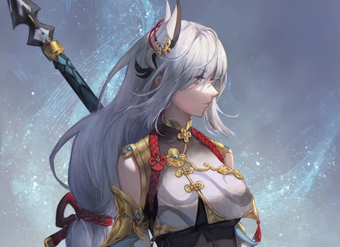 Shenhe from Genshin Impact with a spear