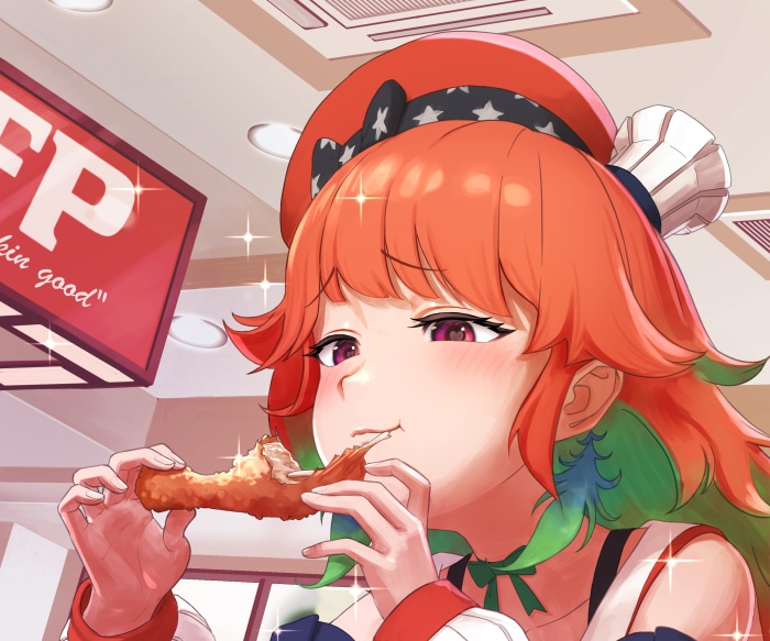 Takanashi Kiara from Hololive eating fried chicken