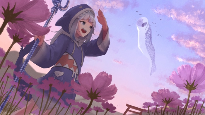 Gawr Gura from Hololive in a field of flowers