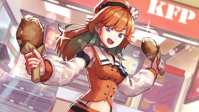 Takanashi Kiara from Hololive holding fried chicken