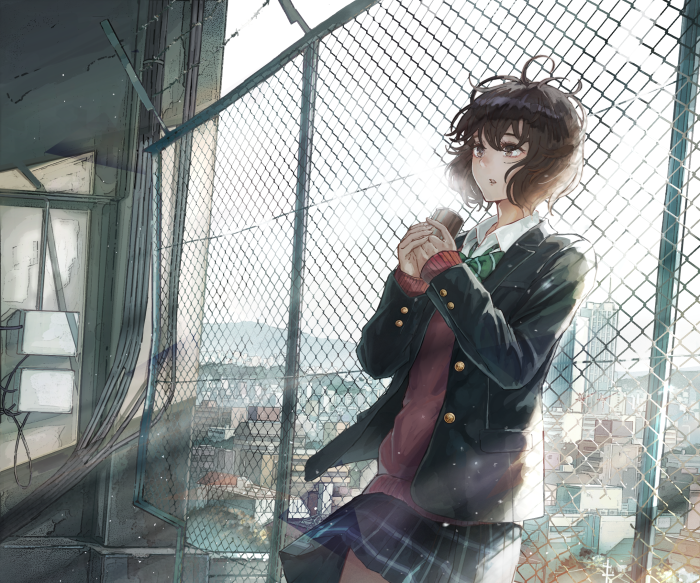 Girl in school uniform holding a cup